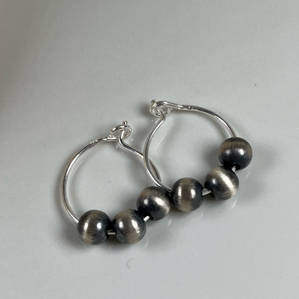Solid 925 Sterling Silver Dainty Bead Ball Desert Pearl Hoop Earrings
